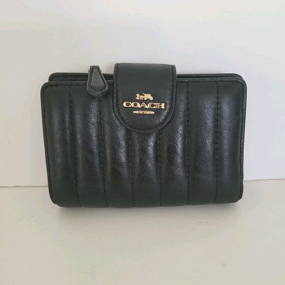 Coach Bifold Wallet Quilted Solid Black C3454 Geniue Leather Medium Logo Zip - Picture 1 of 11